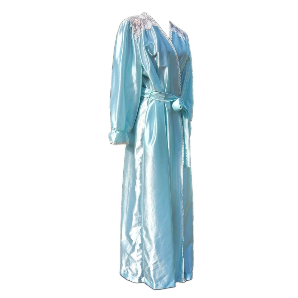 Vtg 1970s Pastel BLUE Long ROBE Mad Men Retro Lorraine USA (modern med.) Lace L